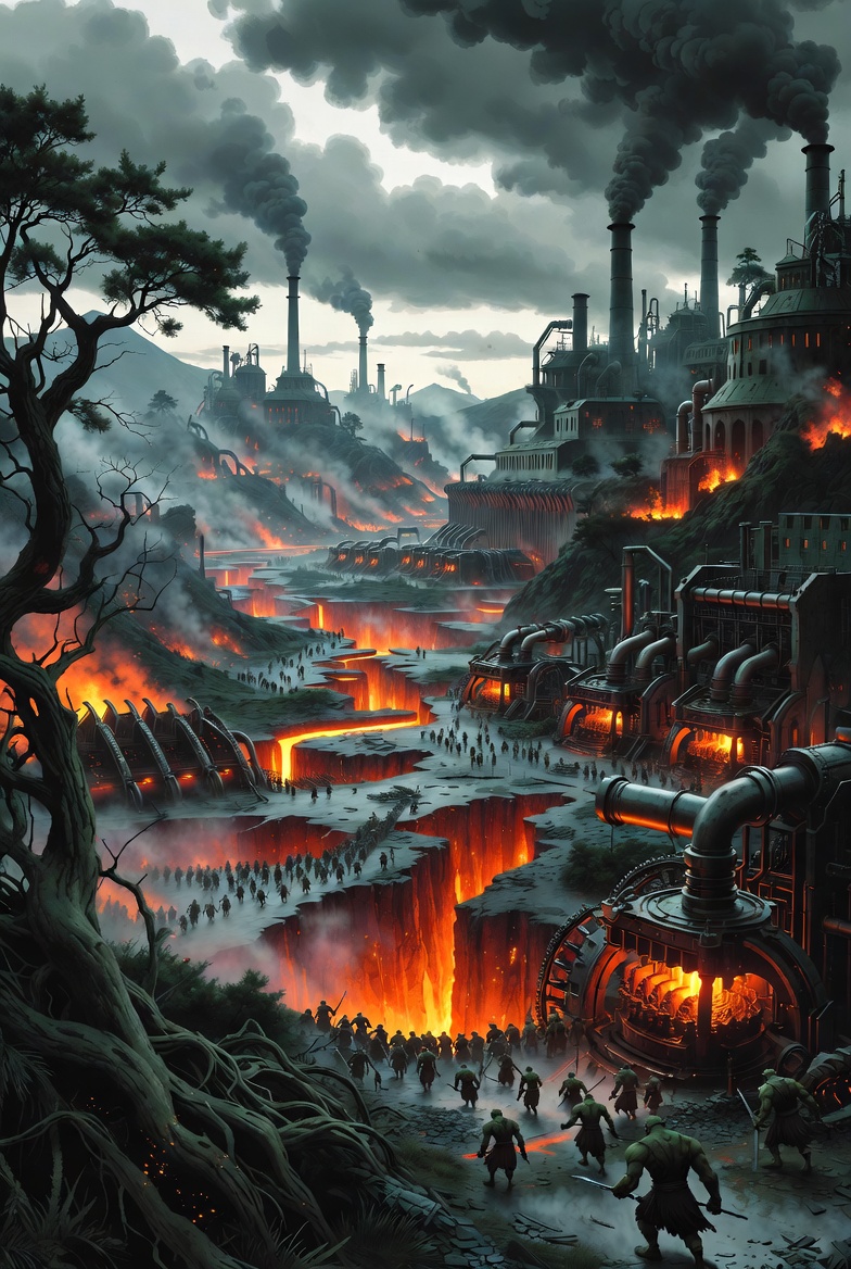 A grim dystopian scene of Isengard's industrialization