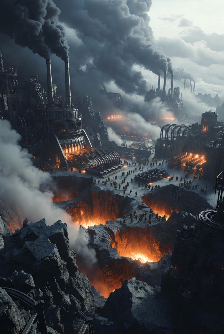 Isengard's industrialization, showing massive pits of fire, belching smokestacks, rows of weapon forges, and scurrying orcs under a perpetually smoggy sky, dark steampunk fantasy.