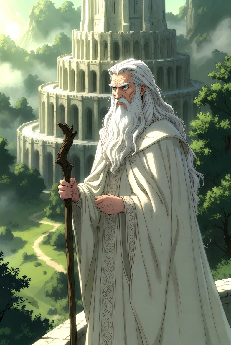 Saruman the White in his prime, standing tall on the balcony of Orthanc