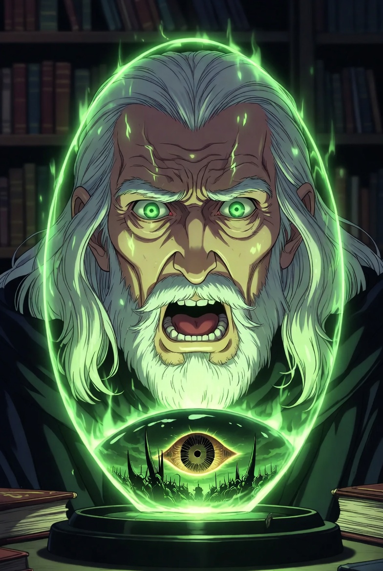 Saruman in his study gazing desperately into the glowing green orb of the palantír
